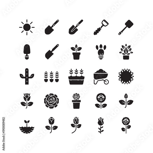  Gardening Tools Plant Care Icons Set Shovel Trowel Pots Sprouts Sun Vector Collection. 
