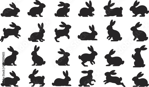Rabbit silhouette vector set, black icons, various poses, hopping, sitting, standing, lying down, animal shape, isolated, minimal design, graphic