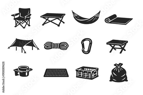 Campsite Furniture and Comfort Items in outline vector style: folding chair, camp table, hammock, ground mat, sun shade tarp, rope coil, carabiner, side table
