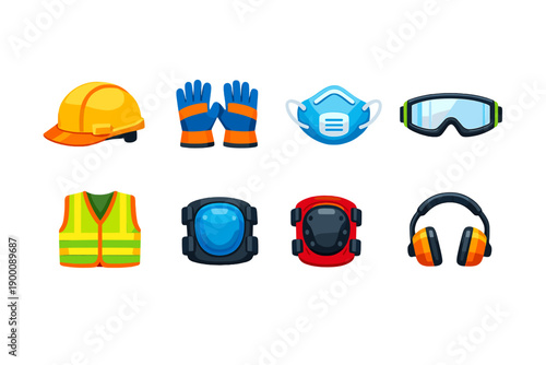 Personal safety gear flat style: safety helmet, protective gloves, face mask, safety goggles, reflective vest, knee pad, elbow pad, ear protector