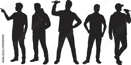Silhouette performers with microphone, expressive poses, hoodie, cap, hand gestures, standing figures, black vector, isolated, speaker, rapper, graphic