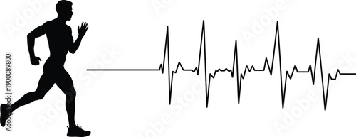 Silhouette of running athlete connected to heartbeat waveform illustrating fitness tracking, heart rate monitoring, endurance training, modern sports technology visualization concept