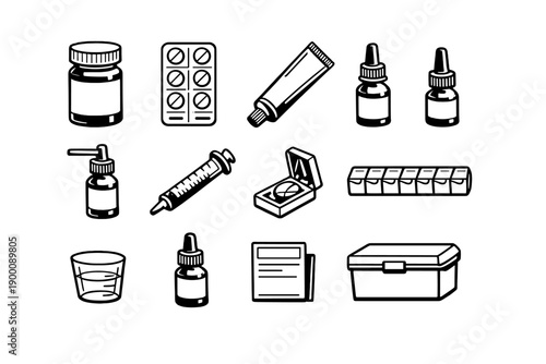 Medication and Care Items in outline vector style: pill bottle, blister pack, ointment tube, eye drop bottle, nasal spray bottle, oral syringe, tablet cutter