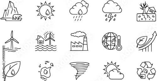 Set of Outline Icons for Climate Change, Global Warming, Natural Disasters, and Renewable Energy. Environmental Protection, Weather Phenomena, and Eco Solutions.