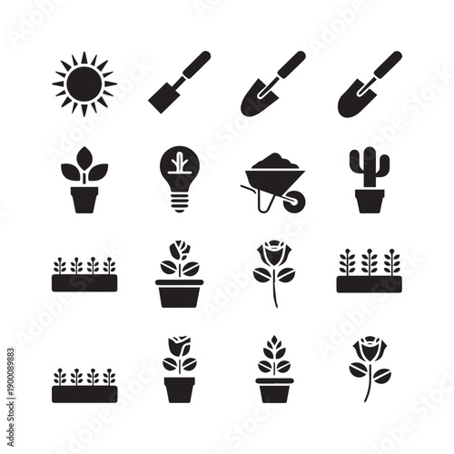  Gardening Tools Plant Care Icons Set Shovel Trowel Pots Sprouts Sun Vector Collection. 