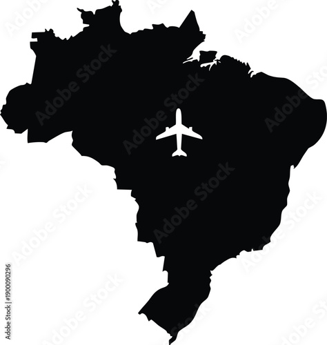 Black silhouette map of Brazil with a white airplane in the center on a white background