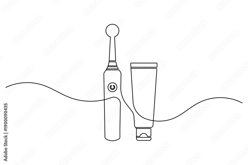 Obraz premium Electric toothbrush and toothpaste continuous one line drawing for morning routine minimalist vector illustration
