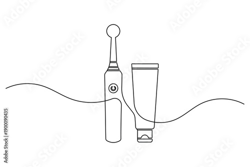 Electric toothbrush and toothpaste continuous one line drawing for morning routine minimalist vector illustration