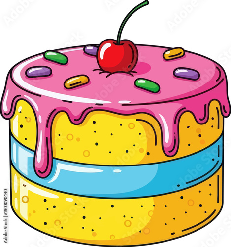 Colorful layer cake with pink frosting and cherry