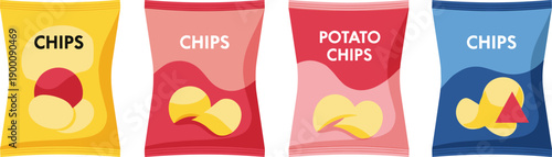 Colorful vector illustration of four chip packages in yellow, red, pink, and blue designs with bold text, gradient chips, and abstract graphic branding elements.