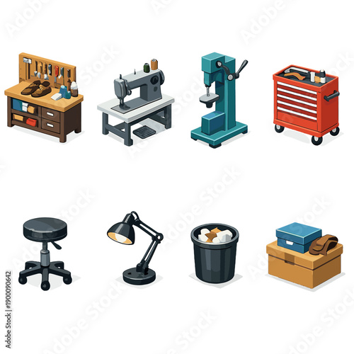 Shoe repair shop equipment isometric flat style: workbench, sewing machine, foot press, tool cabinet, stool, desk lamp, trash bin, storage box