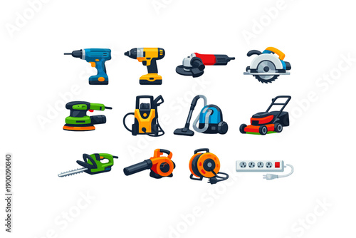 Maintenance Power Equipment in flat style: electric drill, impact driver, angle grinder, circular saw, sander, pressure washer, vacuum cleaner, lawn mower