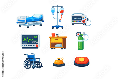 Hospital room supplies in flat style: hospital bed, IV stand, infusion pump, heart monitor, bedside table, oxygen cylinder, wheelchair, call bell