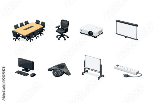 Client strategy meeting room equipment in isometric flat style: conference table, swivel chair, projector, projection screen, desktop computer, speakerphone