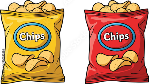 Vector illustration of two potato chip bags, one yellow and one red, with circular labels, bold text, and crispy chips shown inside and outside packaging.