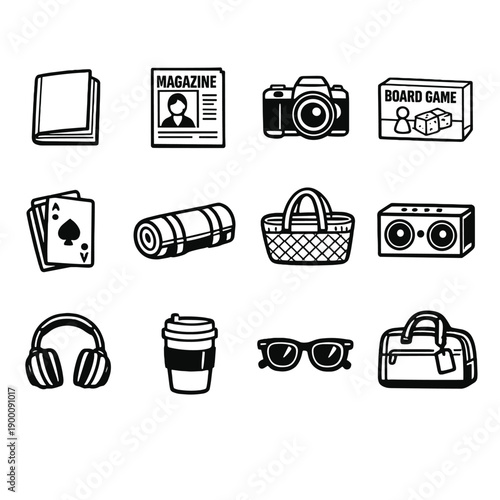 Leisure and Personal Enjoyment Items in outline vector style: paperback book, magazine, camera, board game box, playing card deck, picnic blanket, woven basket