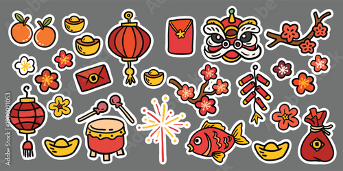 A red-themed sticker collection for Chinese New Year featuring hand-drawn illustrations of red fish, red envelopes, dragon dance head, firecrackers, gold ingots, and other Lunar New Year elements. 