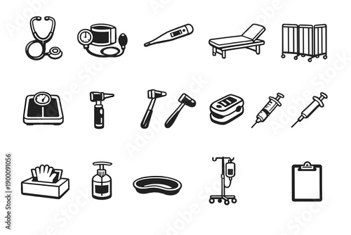 Primary healthcare clinic examination tools in outline vector style: stethoscope, blood pressure monitor, thermometer, examination bed, privacy screen, weighing