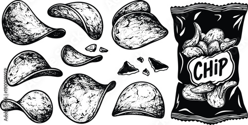 Black and white vector illustration of potato chips bag labeled “CHIP” with scattered whole and broken chips, detailed shading for snack packaging and branding design concepts.