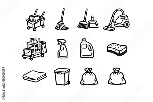 Facility Cleaning Equipment in outline vector style: mop bucket, mop, broom, dustpan, vacuum cleaner, cleaning cart, spray bottle, detergent bottle, sponge