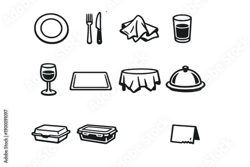 Dinner Table Aftermath Items in outline vector style: dinner plate, fork, knife, napkin, water glass, wine glass, placemat, tablecloth, serving platter, food