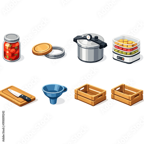 Home food preservation equipment in isometric flat style: glass jar, canning lid, pressure canner, drying rack, cutting board, kitchen knife, funnel, storage