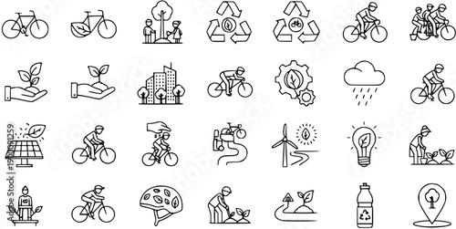 Eco-friendly lifestyle icons: cycling, nature, sustainability, and clean energy concepts