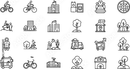 Diverse Line Art Icon Set of Urban and Natural Landscapes, Outdoor Activities, City Life, Travel, and Environmental Concepts