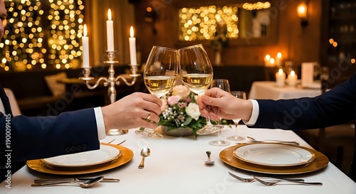 Elegant couple toasting with wine glasses at romantic candlelit dinner table in upscale restaurant with warm bokeh lights creating intimate dining atmosphere.