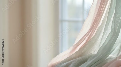 Soft flowing curtains in pastel pink and sage green tones create dreamy window treatment with natural light filtering through delicate fabric layers.