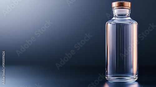 Clear glass bottle with copper cap on gradient background for premium packaging design and branding projects.