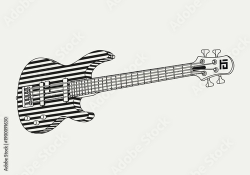 Black and white striped electric bass guitar with four strings
