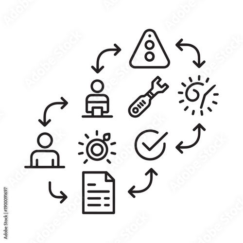 Workflow diagram illustrating project management and iterative process with icons