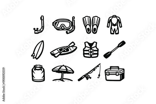 Nature Tourism Coastal Exploration in outline vector style: snorkel, diving mask, flipper, wetsuit, surfboard, kayak, life jacket, paddle, dry bag, beach
