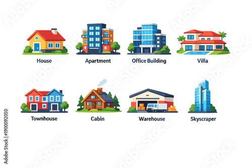 Property Types in flat style: house, apartment building, office building, villa, townhouse, cabin, warehouse, skyscraper