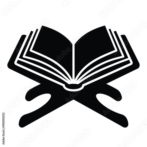 An open book with black pages resting on a dark stylized bookstand