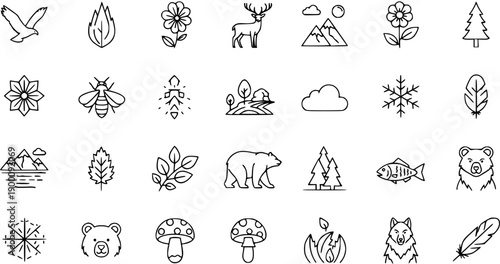 Diverse Nature  Wildlife Icons: Forest, Animals, Plants, Weather, Mountains