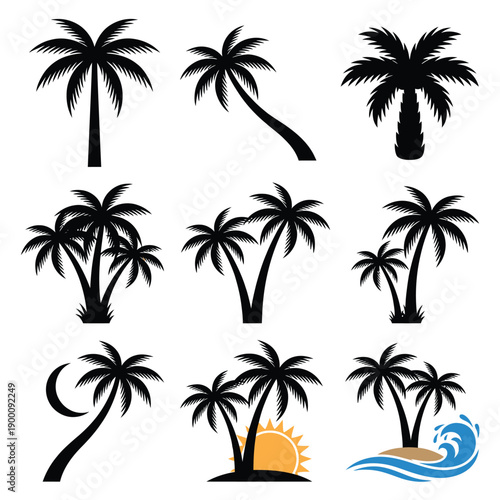 Collection of black silhouette palm trees with tropical elements