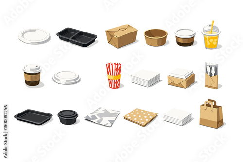 Serving and Packaging Items isometric flat style: paper plate, food tray, takeaway box, paper bowl, plastic cup, paper cup, lid cover, straw bundle, napkin