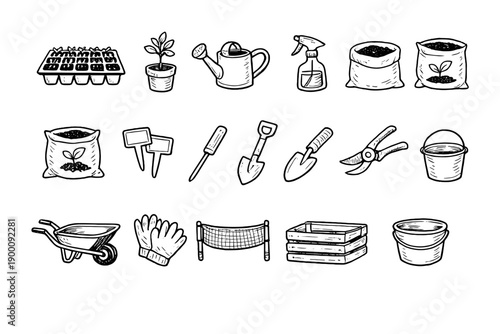 Forestry services nursery and replanting supplies in doodle style: seed tray, sapling pot, watering can, spray bottle, soil bag, fertilizer sack, plant label