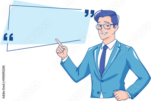 A cartoon businessman in a business suit points to an empty text cloud. He smiles and looks confident. Ideal for presentations, infographics, and educational materials.