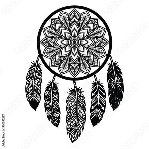 Intricate black and white dreamcatcher with detailed feather decorations
