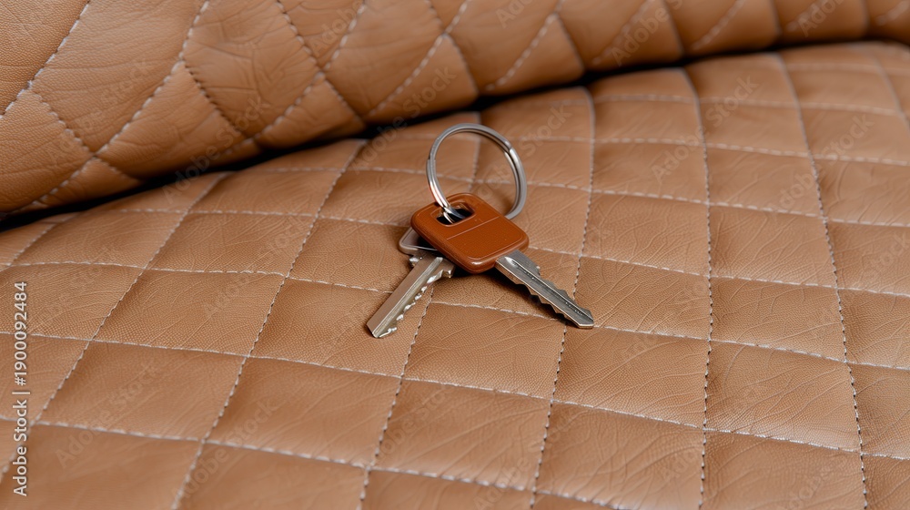 Naklejka premium Leather seat elegance. Closeup of sophisticated leather car seat with keys and stylish stitching