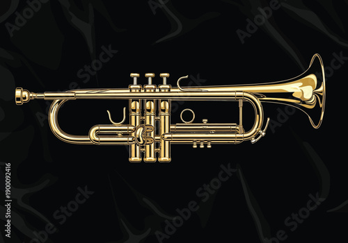 Shiny gold trumpet on black background with elegant design