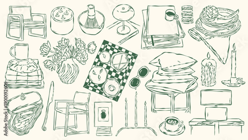 Hand-drawn home decor vector illustrations in sketch style for greeting cards, wedding invites, posters, branding, logo design, backgrounds, and modern creative projects.