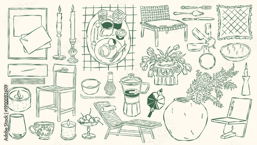 Hand-drawn home decor vector illustrations in sketch style for greeting cards, wedding invites, posters, branding, logo design, backgrounds, and modern creative projects.