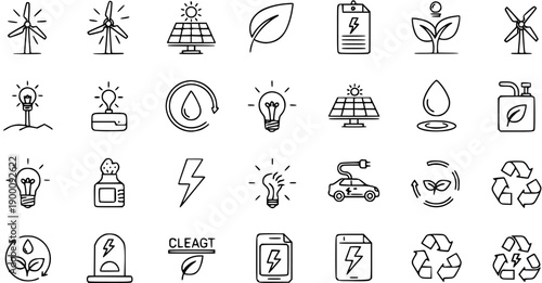 Renewable Energy and Sustainable Technology Outline Icons Set. Environment Friendly Green Power, Eco-Energy, Solar, Wind, Electric Car, Recycle, and Nature Vector Symbols Collection.