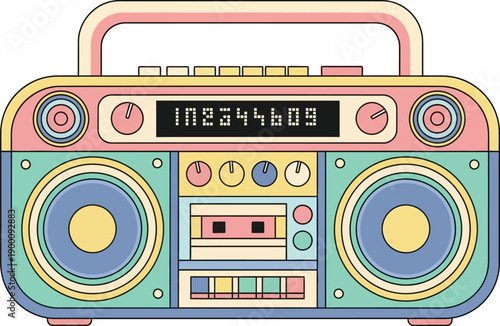 Vintage boombox with colorful design and cassette player