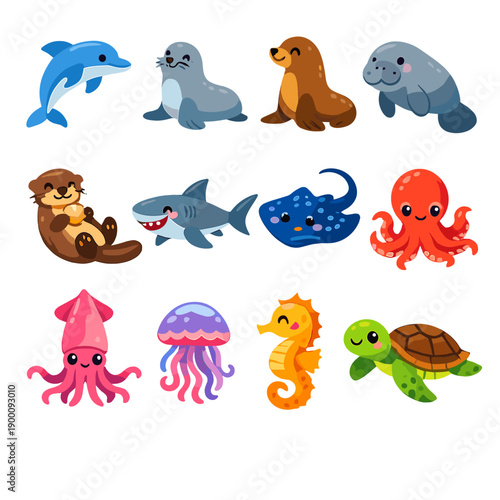 Zoo Aquatic Animals in flat style: dolphin, seal, sea lion, manatee, otter, shark, ray, octopus, squid, jellyfish, seahorse, turtle