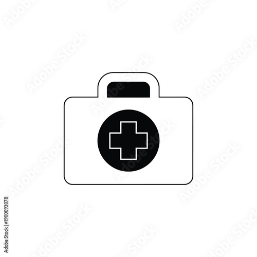 Simple black and white icon of a first aid kit with a plus sign